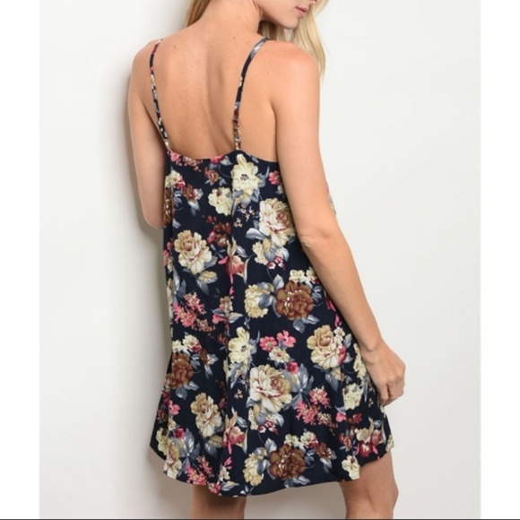 Navy Floral Print Skater Dress - Picture 2 of 3
